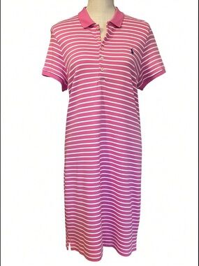 Ralph Lauren Sporty Prep Pink and White Striped Nautical Polo Shirt Dress